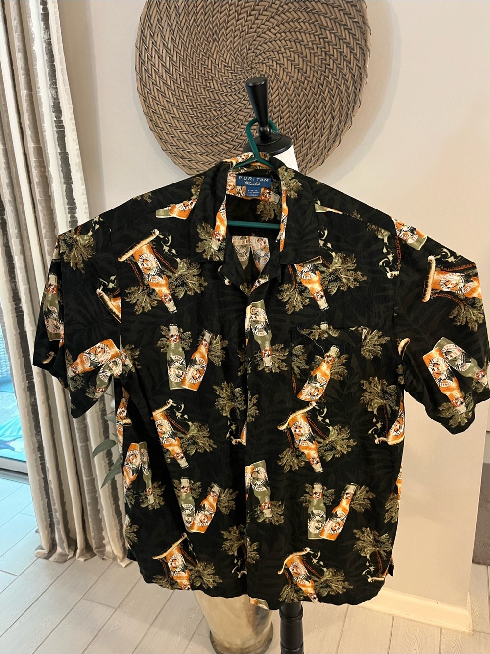 Puritan Black Short-Sleeve Button-Up Shirt with Orange Bottle Print